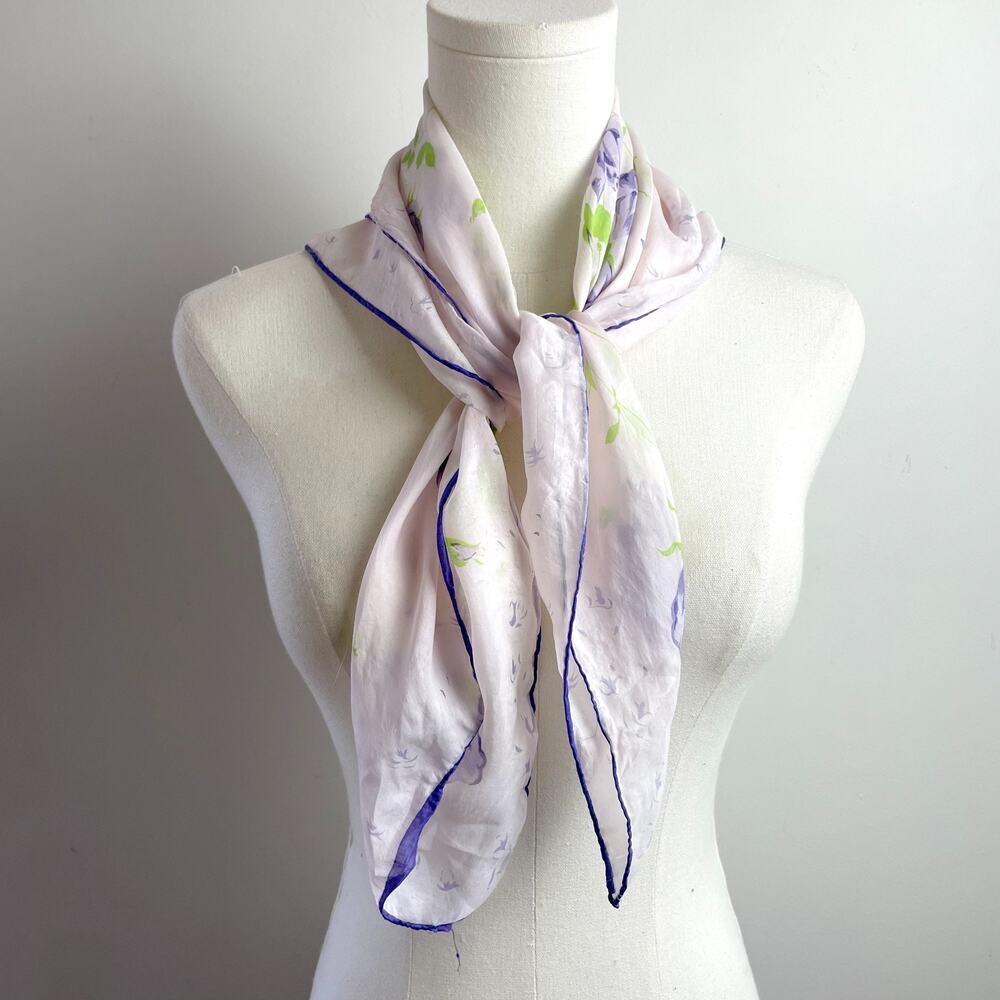 Vintage Silk Scarf Floral White Purple Romantic Feminine Parisian Euro‎ Summer